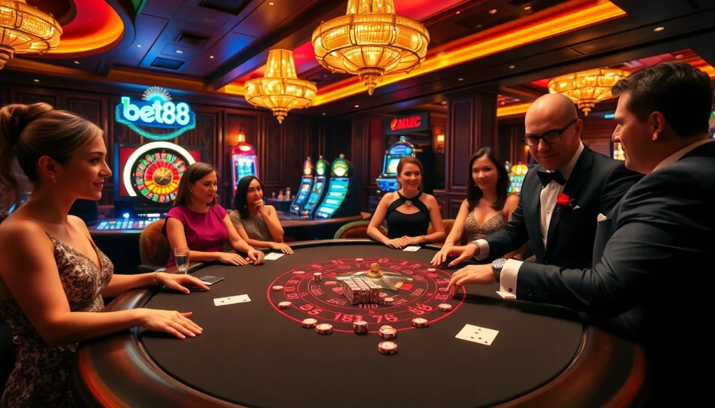 Bet88 players enjoying a thrilling blackjack experience at an upscale casino.