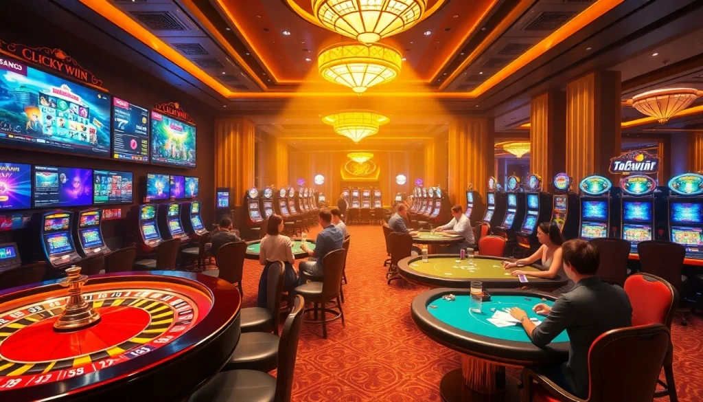 Players enjoying high-stakes games at Luckywin casino with vibrant atmosphere and luxurious setting.