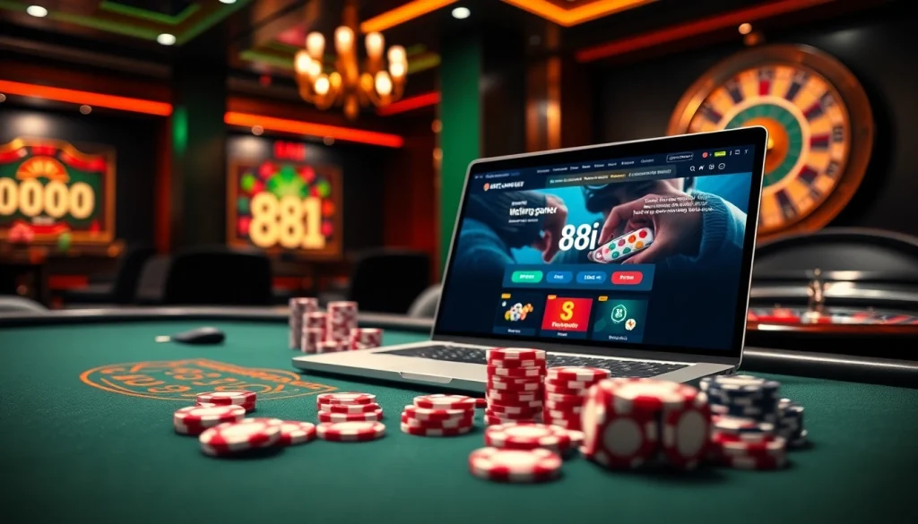 Engaging scene of a luxurious 88i đăng nhập gaming interface with poker chips and casino elements.
