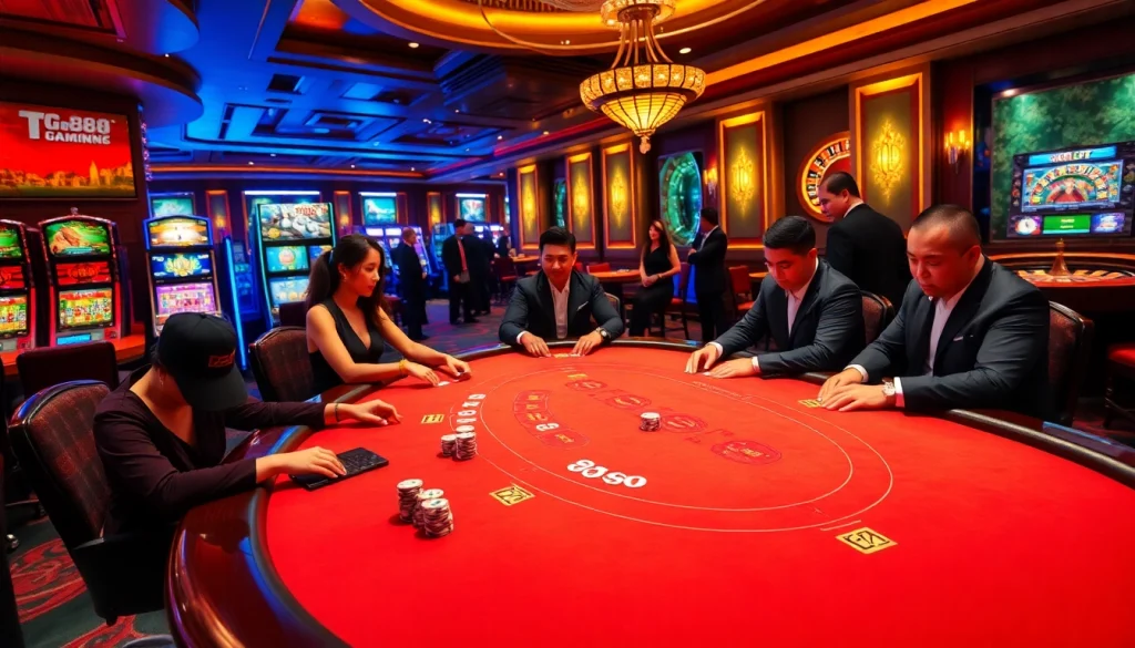Experience the thrill of TG88 as players engage in strategic blackjack, surrounded by vibrant casino elements.