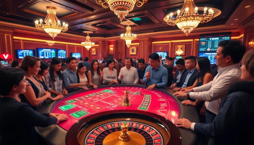 Players enjoy high-stakes gaming at VWIN's luxurious casino table.