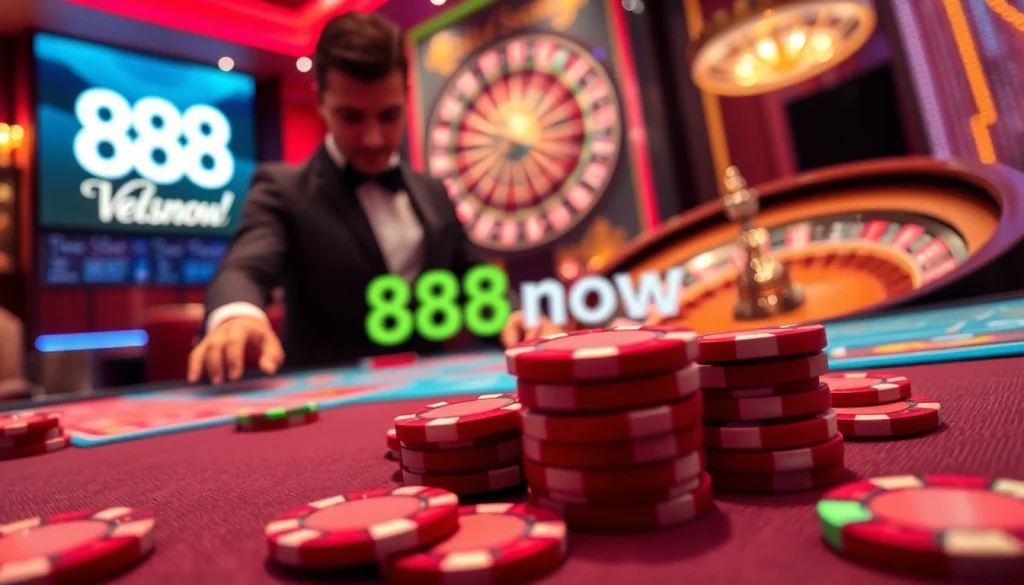 Experience the thrill of gaming at 888now with vibrant poker chips and a stylish dealer in action.