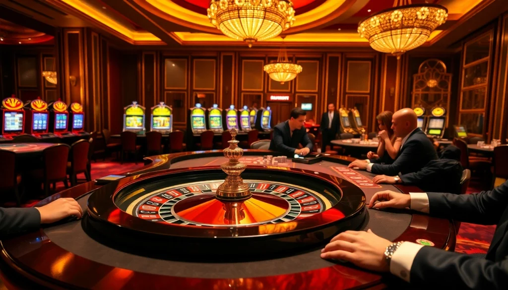 Engaging in thrilling gambling experiences at OK9’s luxurious casino with players at roulette and poker tables.