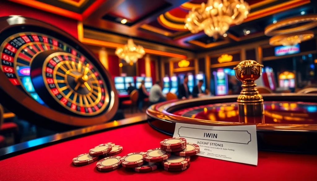 IWIN poker players enjoy high-stakes action with vibrant casino tables and slot machines.