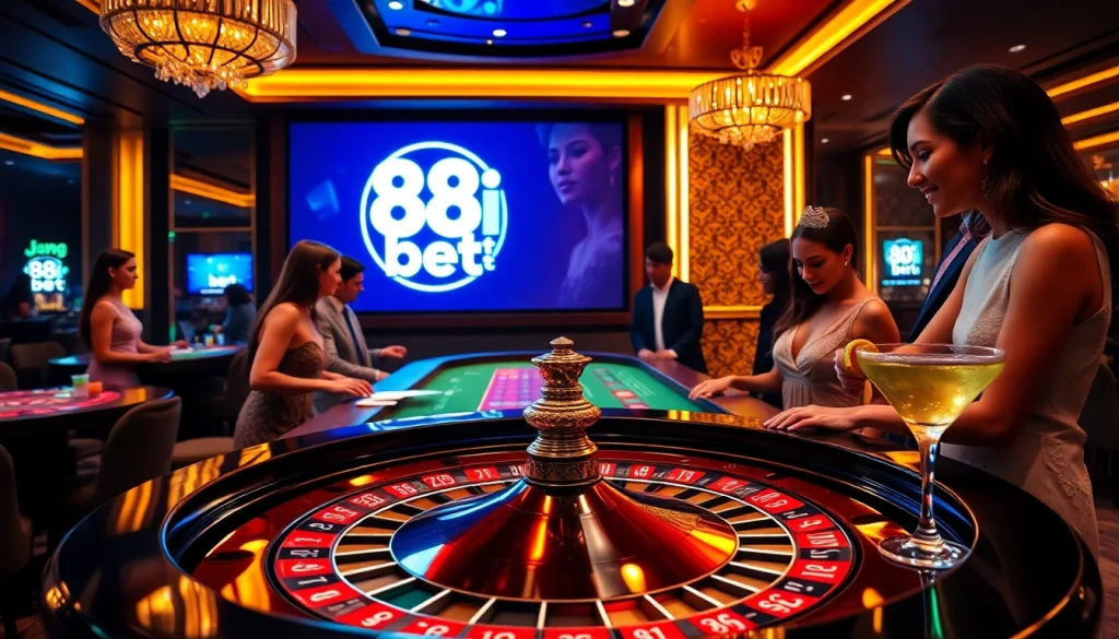 Gamblers engaged in a thrilling round at the roulette table featuring 88i bet elements, showcasing luxury and excitement.