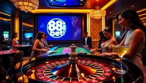 Gamblers engaged in a thrilling round at the roulette table featuring 88i bet elements, showcasing luxury and excitement.
