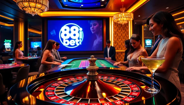 Gamblers engaged in a thrilling round at the roulette table featuring 88i bet elements, showcasing luxury and excitement.