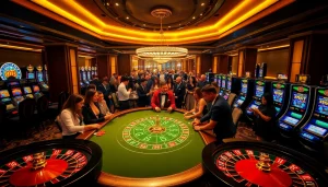 Players engaging in high-stakes poker at a luxurious GO8 casino, showcasing thrilling games and excitement.