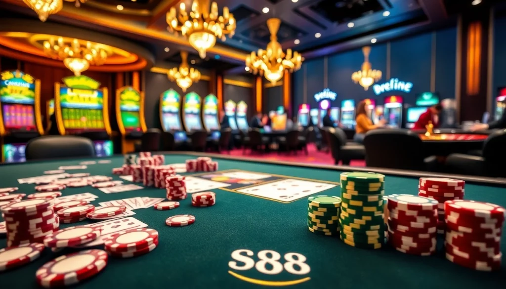 Engage in thrilling casino action at SC88 with vibrant poker chips, cards, and dynamic live dealer games.