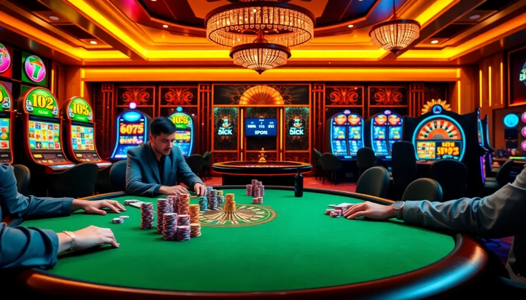 Players strategizing at a GG88 poker table, surrounded by vibrant slot machines and a roulette wheel.