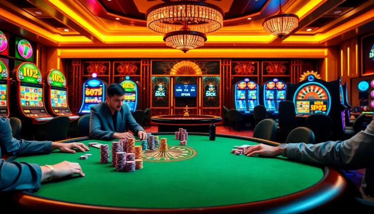 Players strategizing at a GG88 poker table, surrounded by vibrant slot machines and a roulette wheel.