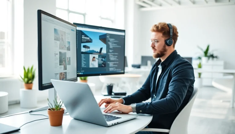 Crafting innovative website development in a modern workspace with dual screens.