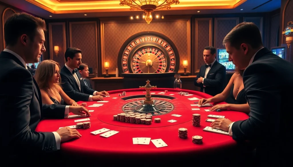 Players enjoying high-stakes poker at a b52-themed casino table with vibrant chips and cards.