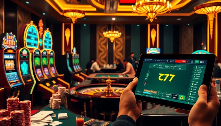 Playing at 7C77 casino with vibrant slot machines and exciting table games in a luxurious setting.