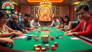 Players engaging in Tài Xỉu MD5 at a vibrant casino table, capturing the excitement of the game.