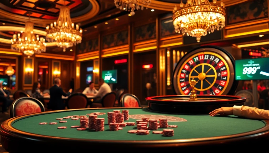 Players strategize at a vibrant PS 99 poker table amidst a luxurious casino atmosphere.