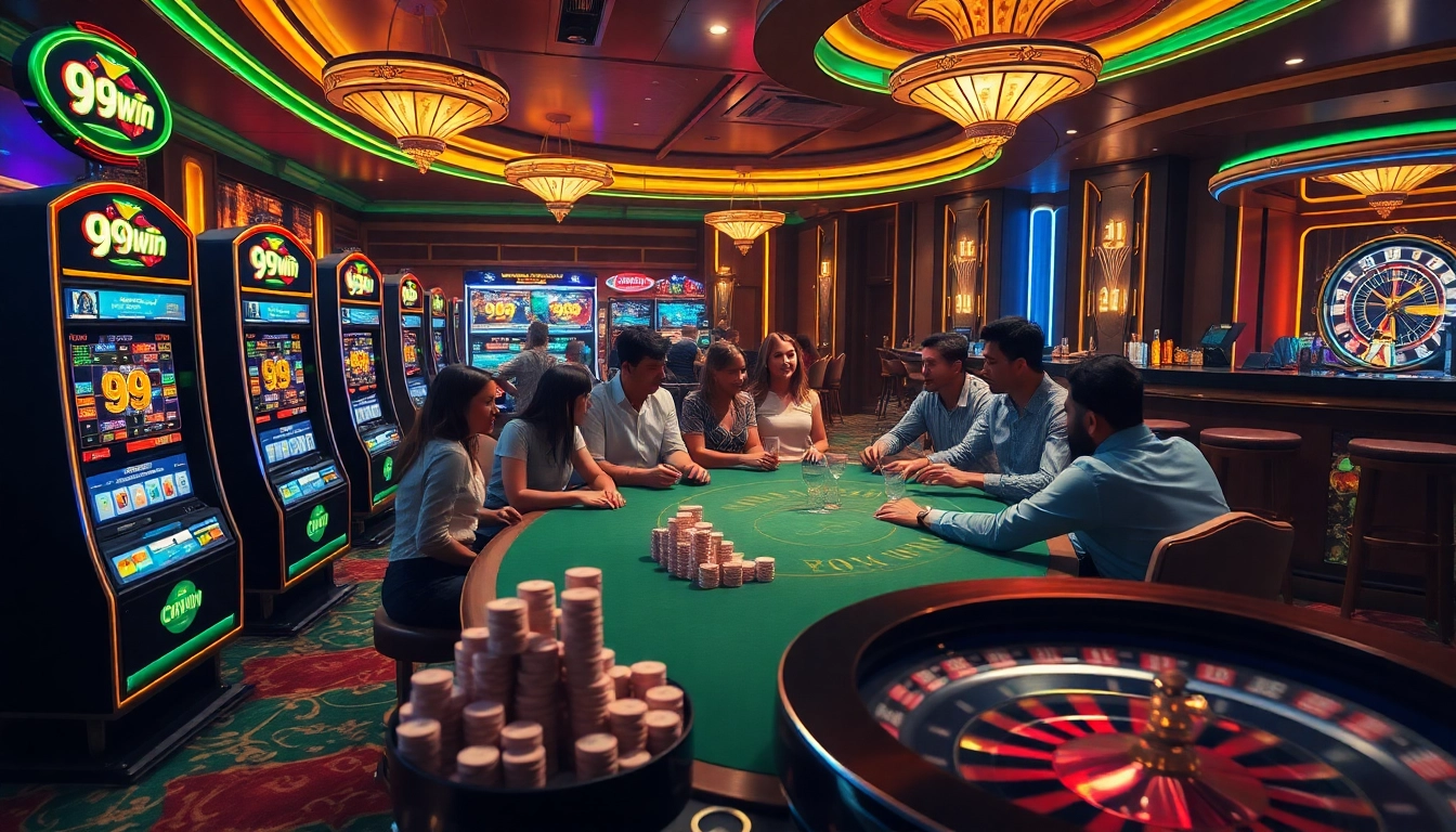 Engaged players enjoying a vibrant casino atmosphere at 99win, with poker chips and a roulette wheel.