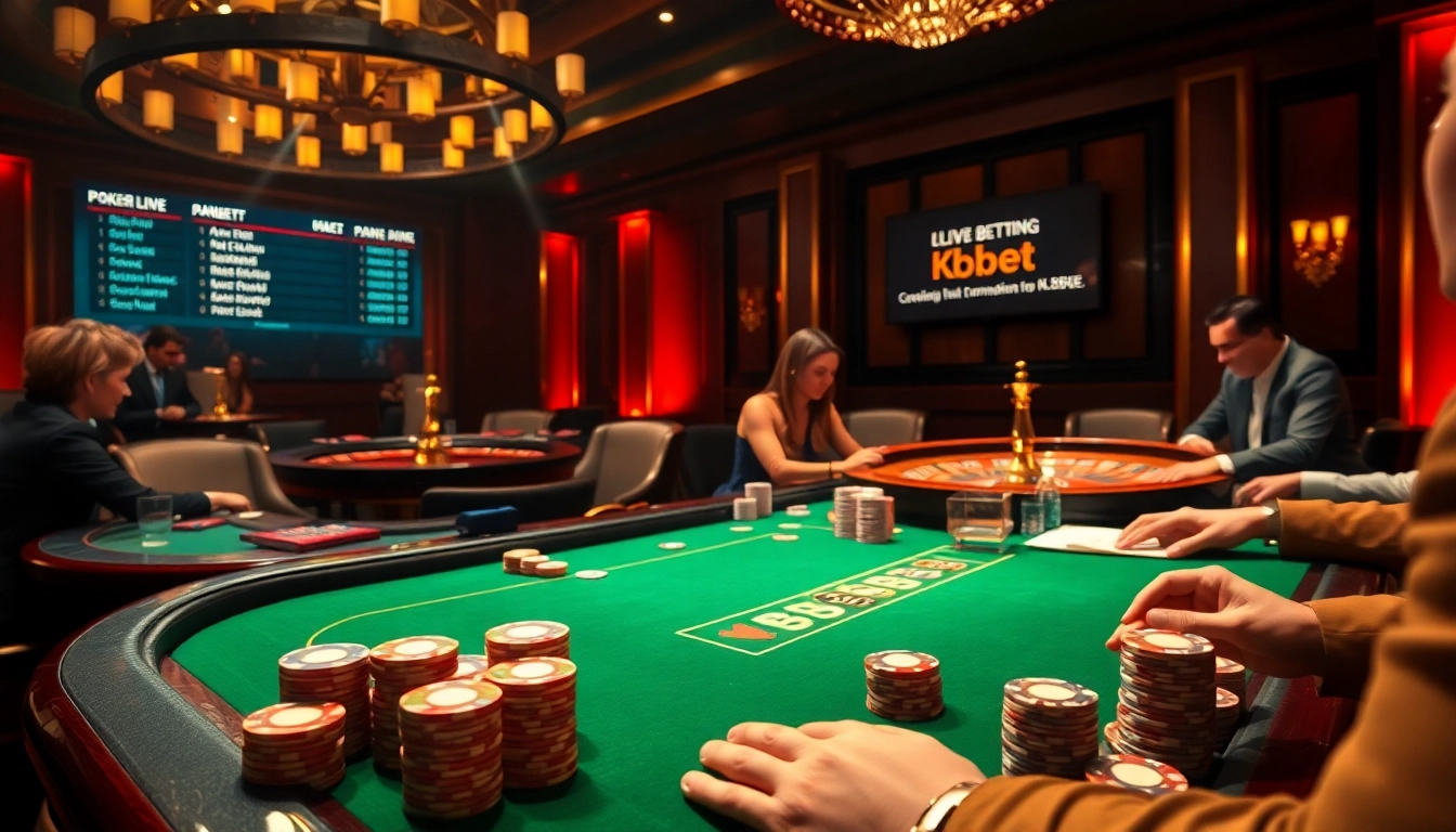 Experience thrilling poker action at KBBET with colorful chips and a spinning roulette wheel.