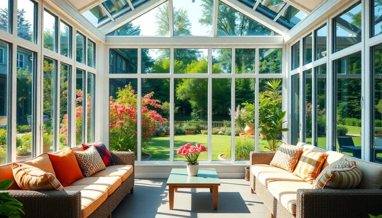 Bright sunroom filled with natural light and vibrant garden surroundings.