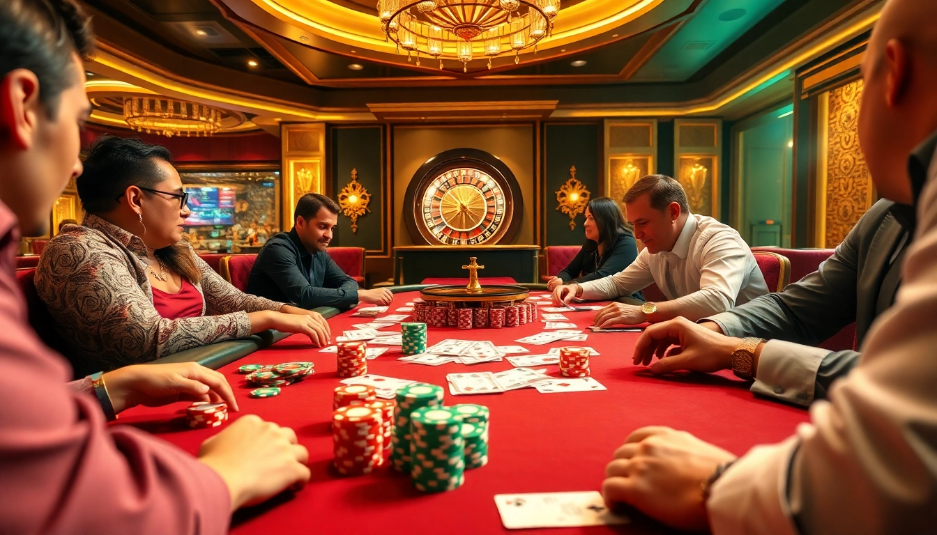 Players strategize at a luxurious ABC8 poker table, with vibrant chips and cards.