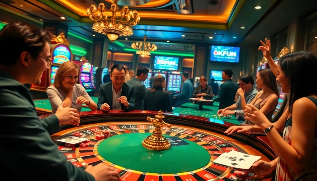 Engaged players enjoying thrilling casino games at OKFUN, featuring roulette table, cards, and slot machines.