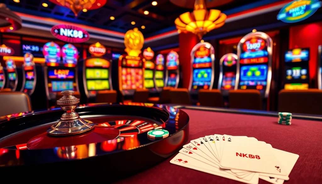 High-stakes gambling scene illustrating NK88 with vibrant roulette and slot machines.