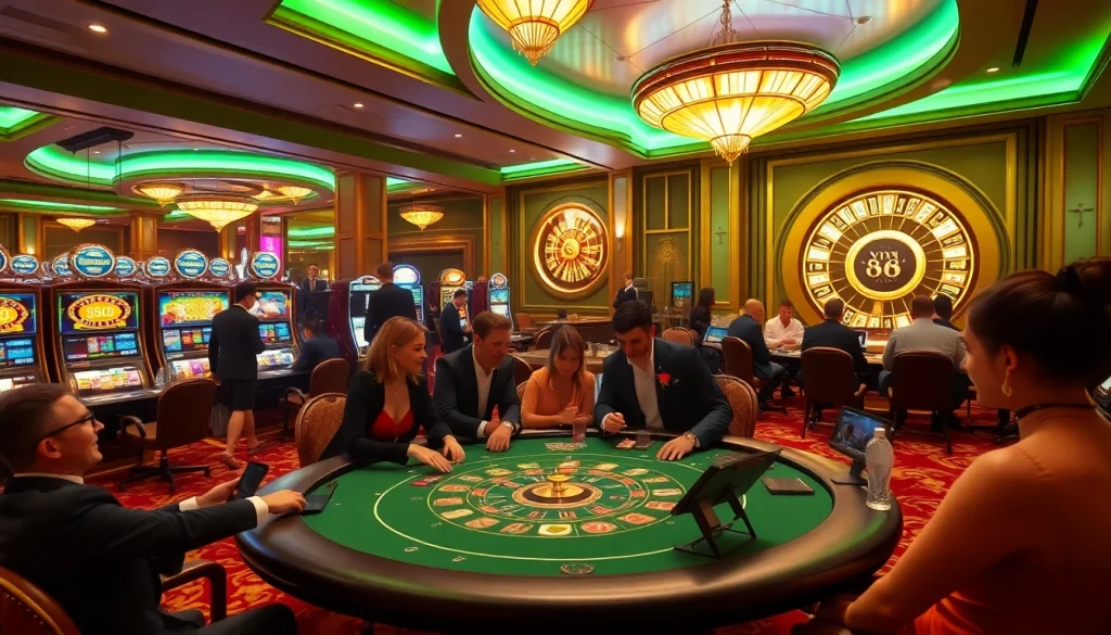 Experience luxury gaming at vin 88 with a vibrant casino atmosphere filled with tables and slot machines.