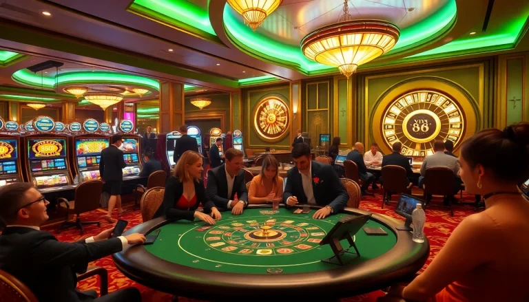 Experience luxury gaming at vin 88 with a vibrant casino atmosphere filled with tables and slot machines.