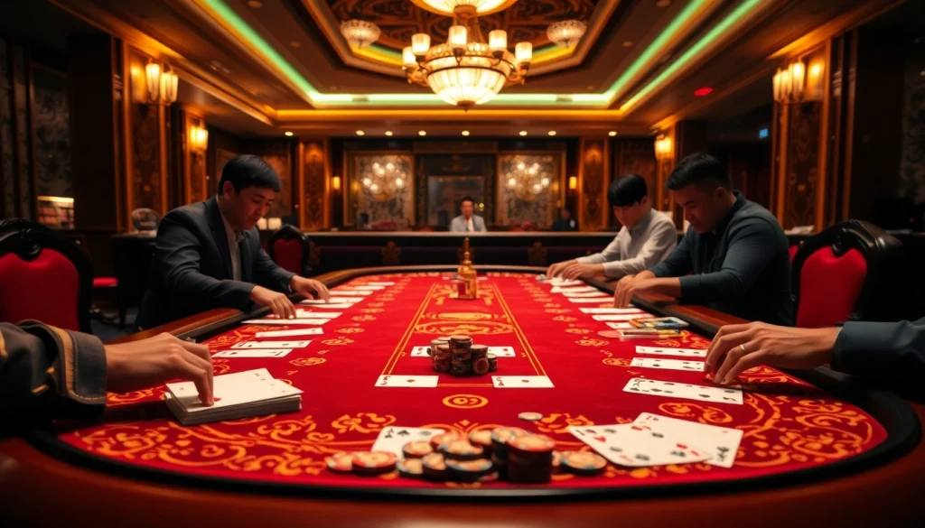 Players engaging in a thrilling game of xóc đĩa at an elegant casino table with vibrant decorations.