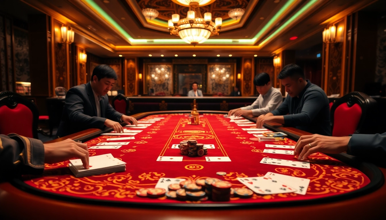 Players engaging in a thrilling game of xóc đĩa at an elegant casino table with vibrant decorations.