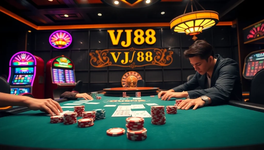 Experience high-stakes action at VJ88 casino with poker chips, betting slips, and a roulette wheel.
