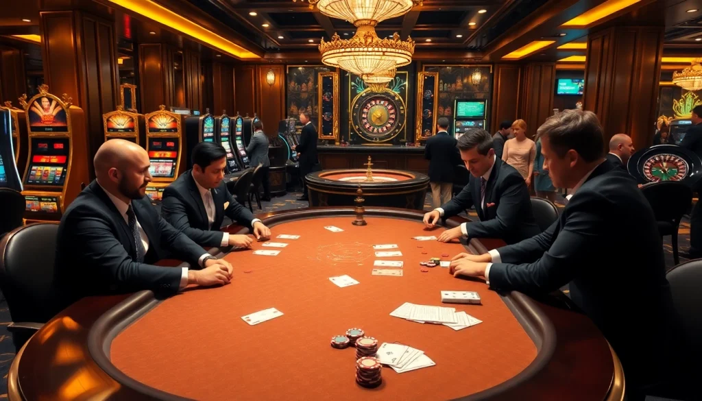 Engaging poker game at Luck8 casino showcasing players and vibrant casino elements.