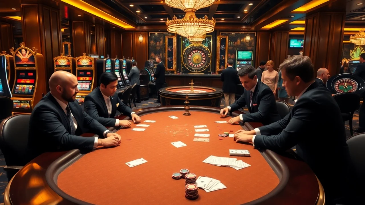 Engaging poker game at Luck8 casino showcasing players and vibrant casino elements.