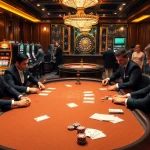 Engaging poker game at Luck8 casino showcasing players and vibrant casino elements.