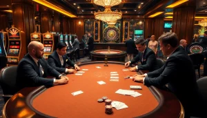 Engaging poker game at Luck8 casino showcasing players and vibrant casino elements.