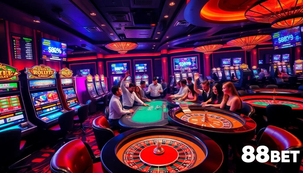 An engaging moment at casino 88BET with players enjoying various games, showcasing excitement and luxury in gambling.