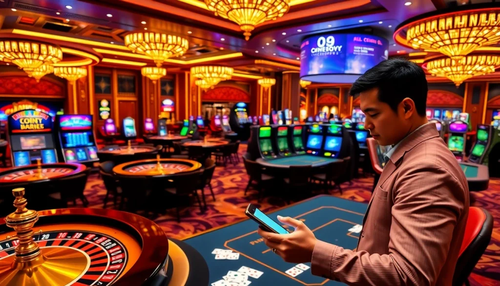 Engage in thrilling gameplay at cm88 with vibrant casino visuals of roulette tables and slot machines.