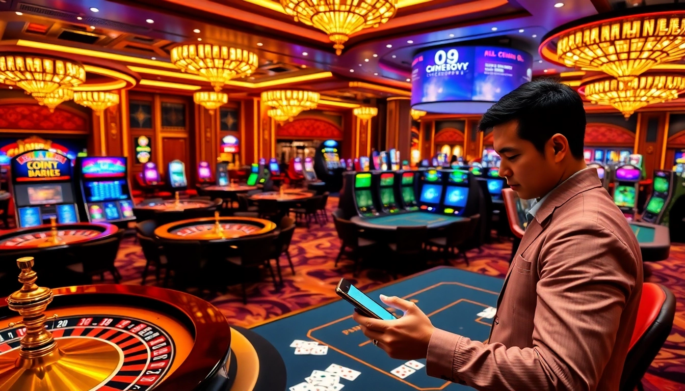 Engage in thrilling gameplay at cm88 with vibrant casino visuals of roulette tables and slot machines.