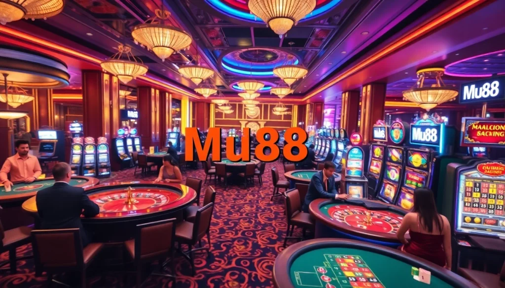Experience the thrill at Mu88 with vibrant casino tables and excited players in action.