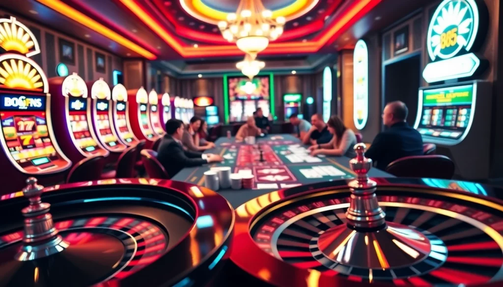 Players enjoying a thrilling game experience at ok 365 casino, with poker chips and slot machines in view.