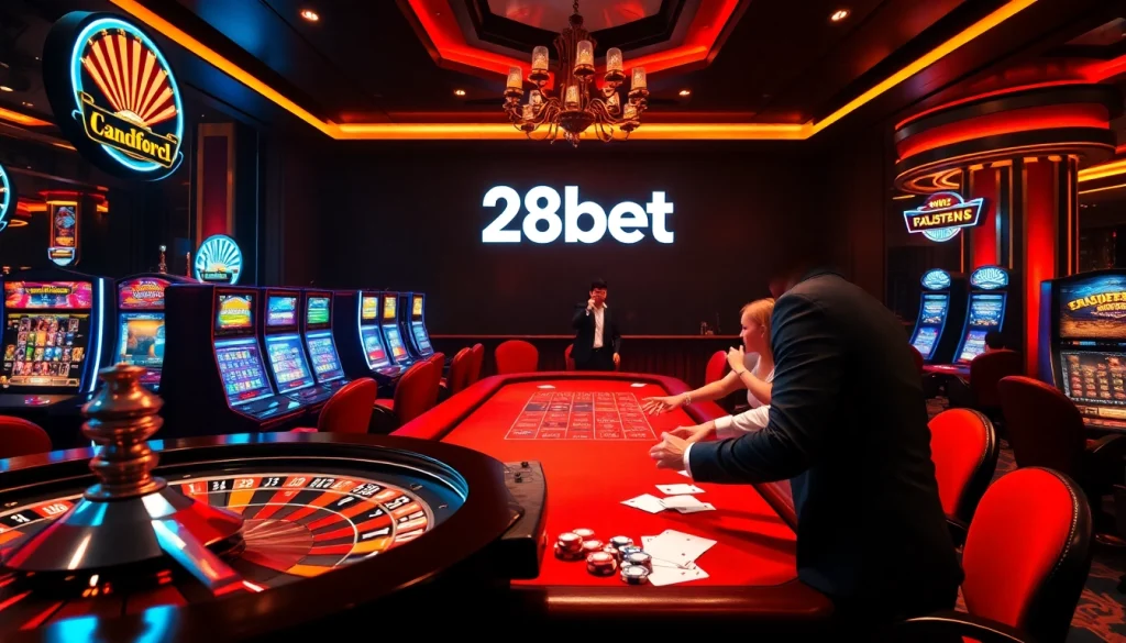 Exciting gaming moment at 28bet casino with roulette wheel and vibrant slot machines.