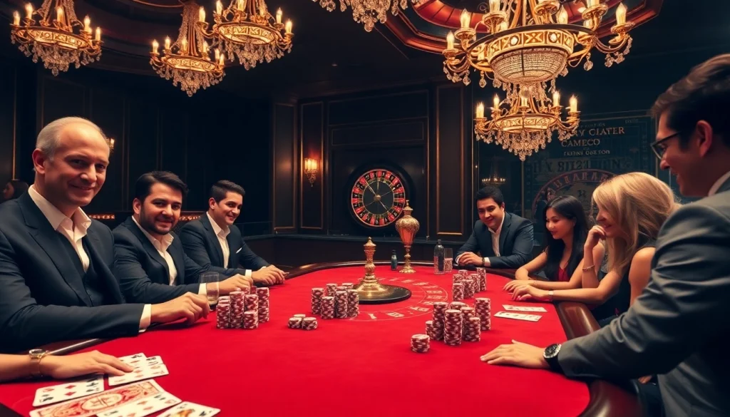 KJC-themed poker game showcasing colorful chips and players engrossed in excitement.