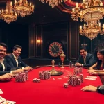 KJC-themed poker game showcasing colorful chips and players engrossed in excitement.