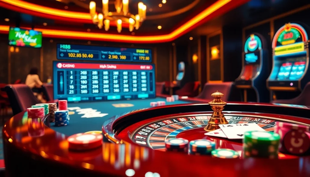 Hi88 gaming table showcasing vibrant poker chips and cards in a luxurious casino setting.