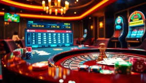 Hi88 gaming table showcasing vibrant poker chips and cards in a luxurious casino setting.