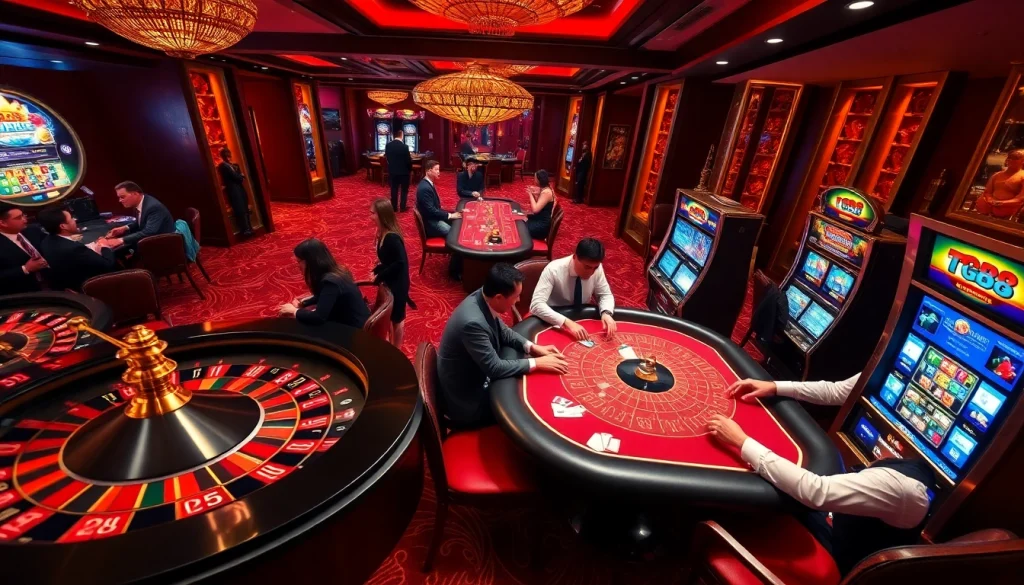 Experience the excitement of tg88 gaming with players at a vibrant casino table surrounded by roulette and slot machines.