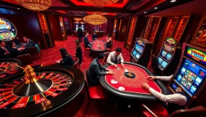Experience the excitement of tg88 gaming with players at a vibrant casino table surrounded by roulette and slot machines.