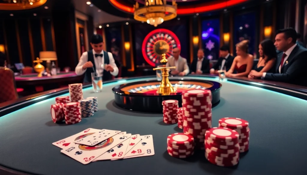 Experience high-stakes gaming at CM88's luxurious casino tables, showcasing poker and roulette action.
