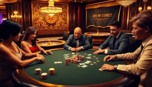 High-stakes poker game at a luxurious casino featuring vibrant colors and DH 88 inspiration.
