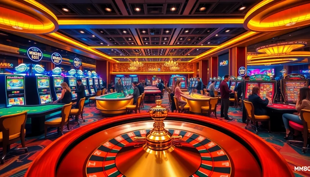 Exciting casino scene showcasing MM88 poker tables, roulette wheels, and slot machines for an immersive gambling experience.
